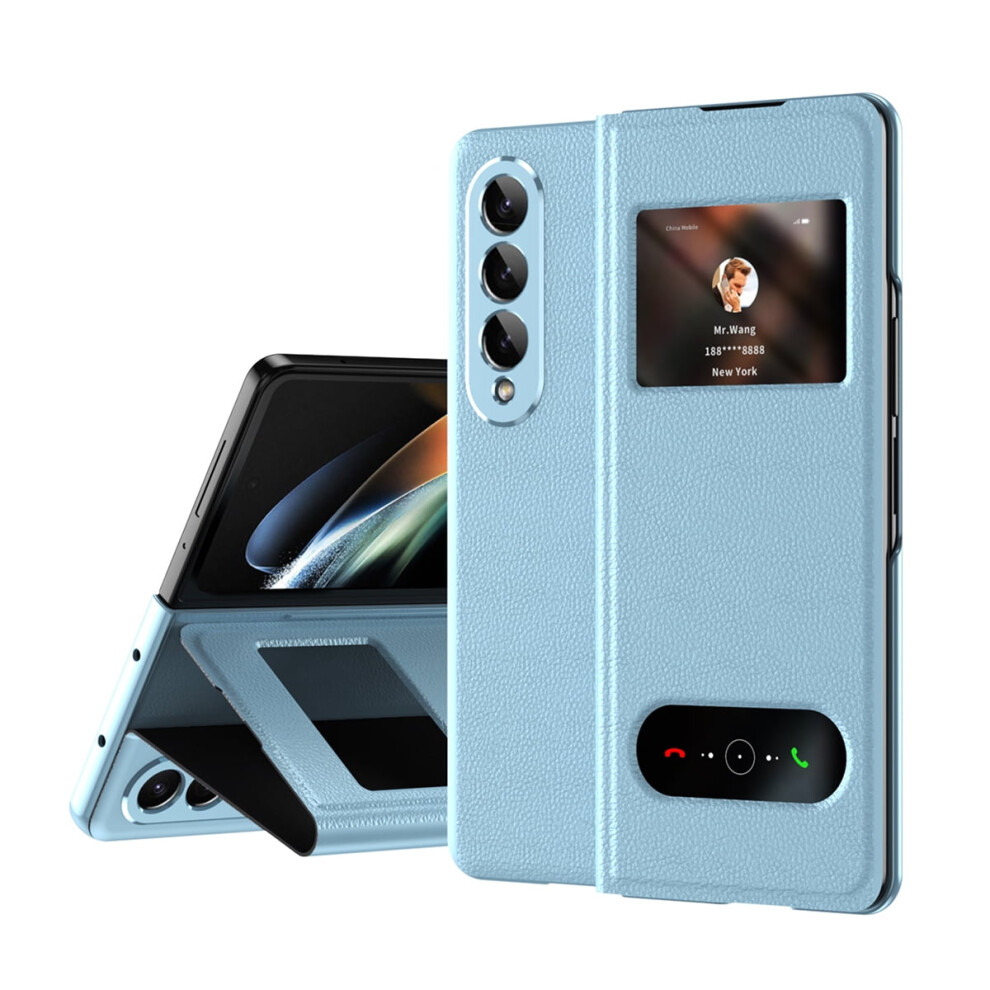 Slim Leather Case With Clear Window & Kickstand For Samsung Galaxy Z Fold 3 Â Shockproof, Anti-Scratch, Light Blue 9028731587219