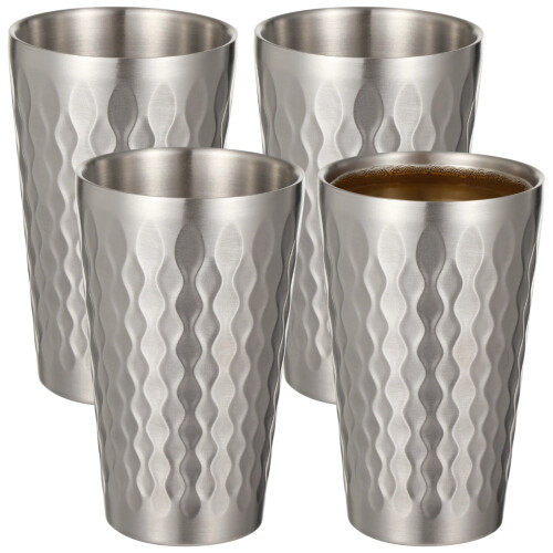Stainless Steel Double Wall Cups Korean Hammered 4 Pcs