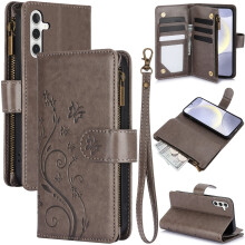 Compatible with Samsung Galaxy S25 Wallet Case – Embossed Butterfly PU Leather Flip Cover with Wrist Strap, Zipper & Card Slots, Gray