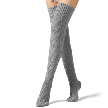 Women's Cable Knit Thigh-High Socks, Over-the-Knee Winter Boot Socks, Slouch Style, Grey, One Size