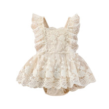 Baby Girls Bodysuit Lace Trim Solid Color Sleeveless Romper