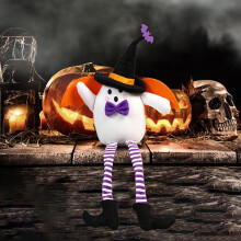Decorazione di Halloween a forma di strega fantasma in peluche: cappello da strega, gambe lunghe, mantello e ali di pipistrello, statuetta imbottita