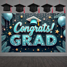 Pink Graduation Banner with Cap, Balloons & "Congrats" Lettering – Compatible with Grad Photo Shoots & Party Backdrops