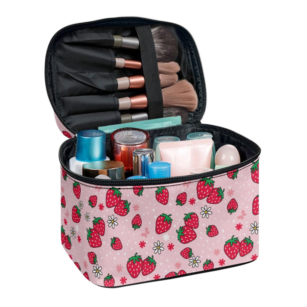 Strawberry and Daisy Pattern Portable Make Up Toiletry Organizer Large Capacity Travel Wash Cosmetic Bag with Large Capacity Brush Holders