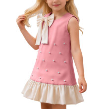Elegant Summer Girls Dress Bow Pearl Birthday Party Wedding Sleeveless A Line Ruffle Hem Mini Princess Dress Trendy Dresses