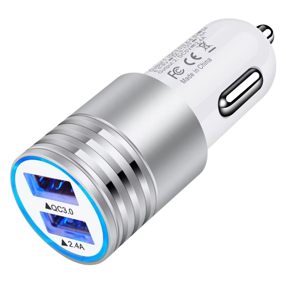 Car Charger, Qc 3.0&2.4A Fast Charge Car Cigarette Lighter Socket Quick Fast Charging Dual Usb Car Charger Adapter, Silver 9365509149232