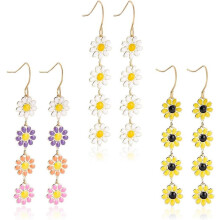 3 Pairs 3 Colors Enamel Daisy Flower Dangle Earrings Light Gold Brass Long Drop Earrings for Women Mixed Color