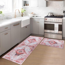 Boho Floral Kitchen Rugs Mats for Floor Bohemian Vintage Flower Kitchen Rug Washable Non Slip Comfort Standing Mat, 17"x47"+17"x30"