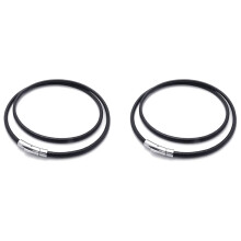 2X Jewelry Men's Necklace - Chain - 3mm Cord - Leather - Stainless Steel - for Men - Color Black Silver -with Bag - 55cm