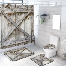 Wood Shower Curtain Set with Rugs, Barn Door Rustic Decor, Waterproof, 72x72 Inch, Compatible with Standard Bathtubs