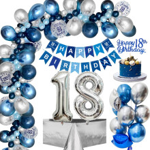 YANSION 18th Birthday Decor: Navy & Silver Banner, Foil Balloons, Number 18 – Compatible with Boys/Men