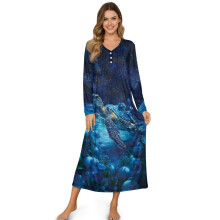 Women's Cozy Button-Front Sleepshirt, Soft Long Sleeve Nightgown – Sea Turtle Galaxy Print Blue, Full-Length Sleepwear, 3XL, Compatible with Bedroom