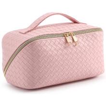 Reismake-uptas, make-uptas voor dames, waterdichte draagbare make-uptas met handvat en tussenschot, platte make-up organizer (roze)