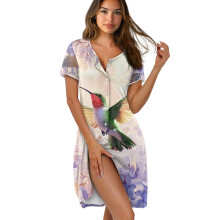 Women's Short Sleeve Nightgown, Soft Floral Sleep Dress, Button-Down Pajama Dress, Relaxed Fit, 3XL, Hummingbird Print