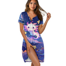 Women's Short Sleeve Nightgown – Soft Sleep Dress, Axolotl Star Cloud Print, Knee-Length Loungewear, Compatible with XS