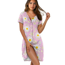 Women's Short Sleeve Button-Down Nightgown, Daisy Flower Print Pink Sleepdress, XL, Compatible with Loungewear & Pajama Dress