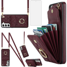 Phone Case Compatible with Galaxy S21 FE 5G – Wallet Cover with Tempered Glass, Crossbody Ring, RFID Blocking & Card Holder