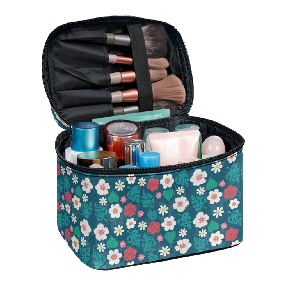 Makeup Bag Organizer Makeup Beauty Bag 8.86 x 6.5 x 5.9 Inches Brush Slots Tropical Flower Hearts