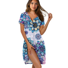Women's Soft Blue Boho Flower Nightgown, Knee-Length, Short Sleeves, Button Front, Comfy Sleepdress – 3XL, Compatible with All Standard Hangers