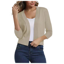 Casaco curto de tricô, estilo cardigã, blusa feminina casual de cor sólida, sem botões, manga três quartos, modelagem solta e macia.
