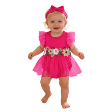 Piger Baby Bodysuit Outfit Blomsterkjole Ærmeløs Fest Romper Tumling Pigetøj Med Sløjfe Pandebånd Sommer 2PCS Sæt Stilfuldt Heldragt