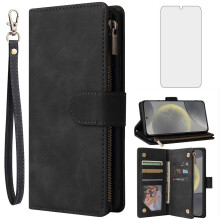 Wallet Case Leather Flip Cover with Card Holder Kickstand and Screen Protector for Samsung Galaxy S24