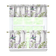 Purple Flower Bird 3-Piece Kitchen Curtains Set with Valance, Rod Pocket, Machine Washable (54"x18"+2x27.5"x24")