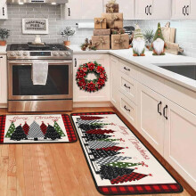 Buffalo Plaid Xmas Tree Rugs Set of 2, Red Merry Christmas Kitchen Mats (17"x47"+17"x30"), Low-Profile Holiday Floor Decor