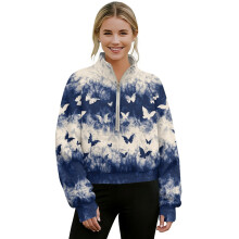 Women's Cropped Quarter-Zip Sweatshirt with Thumbholes, Pocket & Butterfly Tie-Dye, XL, Dark Blue – Compatible with Casual Activewear