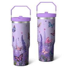 30oz Purple Lavender Flower Butterfly Tumbler with Lid & Straw – Birthday, Holiday Gift for Women/Men – Compatible with Starbucks