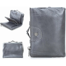 Full Grain Leather Kiss Lock Wallet for Women Kiss Clasp Coin Purse Vintage Small RFID Bifold Wallet (Blue)