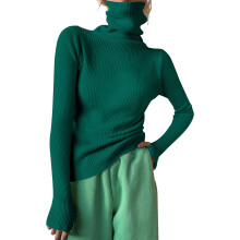 Liquidação! Suéter feminino de gola alta canelado, modelagem slim, cor verde sólida, modelo 2025 Trendy.