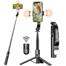 Bastão de selfie com tripé aprimorado, 2 luzes de preenchimento, tripé extra longo de 114 cm para celular com controle remoto destacável.