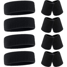 80s/90s Neon Sweatbands Set (8 pcs) – Cotton Terry, Absorbent, Nonslip, Stretchy Wrist & Head Bands for Men/Women, Party/Workout – Compatible with