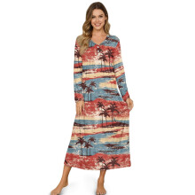 Long Sleeve Nightgown for Women, Soft Sleepshirt with Partial Buttons, Cozy Ankle-Length, Beach Palm Tree Print, 2XL — Compatible with Standard