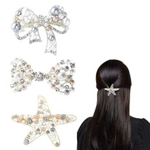 3 PACK Bow Pearl Rhinestone Hair Barrettes for Women,Elegant Starfish Wedding Pearl Crystal Bridal Hair Clips Hair Accessories for Women and Girls