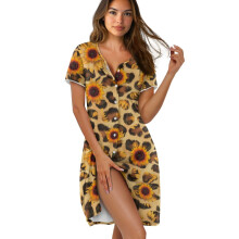 Women's Short Sleeve Sleep Shirt, Button-Down Nightgown, Crew Neck Lounge Dress, Sunflower Leopard Print, Soft & Comfortable, 2XL, Compatible with