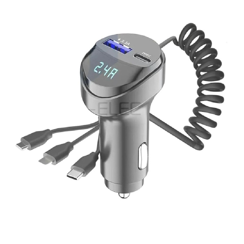 55W Dual Usb Fast Car Charger With Retractable 3ÂInâ1 Cable And RealâTime Voltage Display 9771547566724