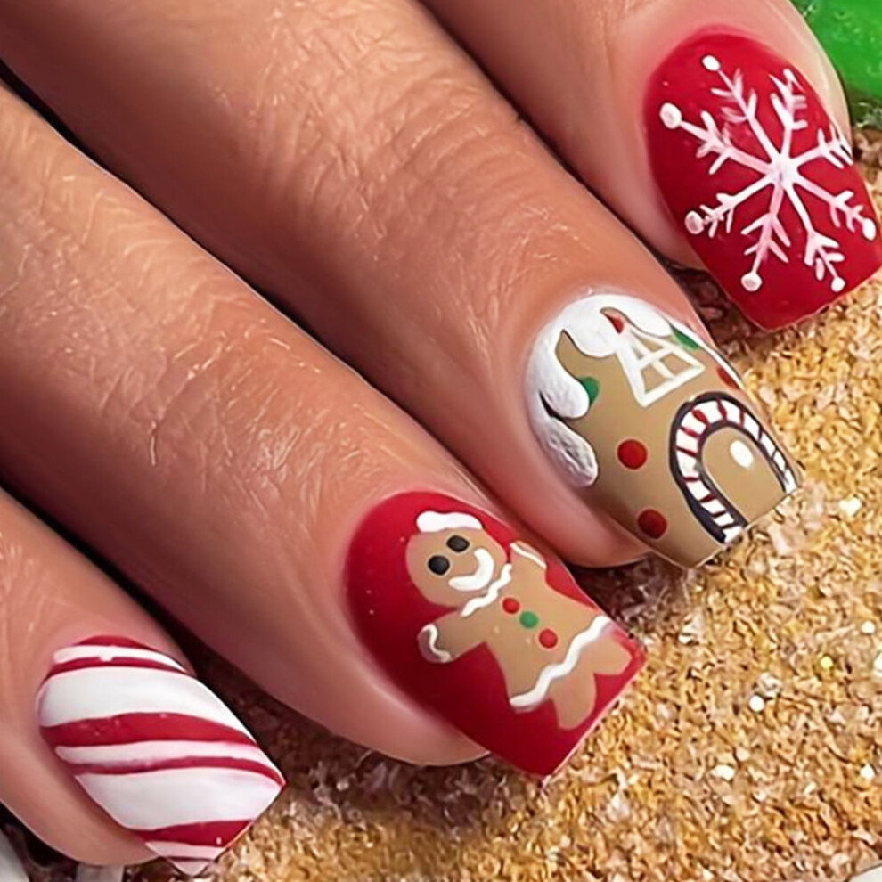 Press on Nails Short Nail Art Christmas Theme Snowman Snowflake Easy Apply