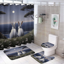 4-Piece Shower Curtain Set with Rug, Toilet Lid Cover & Bath Mat – Rabbit Full Moon Design, Waterproof, Easter/Spring Bathtub Decor, Compatible with