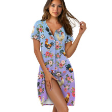 Women's Short Sleeve Nightdress, Button-Down Loungewear, Chicken/Rose/Violet/Blue Gradient, L, Compatible with Home & Casual Wear