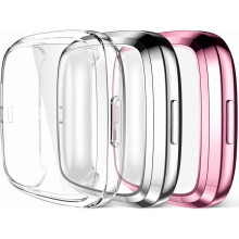 Compatibil cu Fitbit Versa2, protecție ecran și husă completă – pachet de 3 (roz/argintiu/transparent)