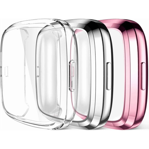 Compatible with Fitbit Versa 2 Screen Protector & Full Cover Case – 3-Pack (Rose Pink/Silver/Clear)