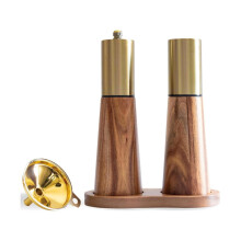 Wood & Metal Salt & Pepper Grinder Set (2-Piece) with Base & Funnel – Gold Kitchen Spice Grinders for Salt, Pepper & Spices