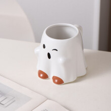 White Ceramic Halloween Mug: Ghost Cat & Bat Design – Dishwasher Safe, Durable, Fall/Autumn Decor, Non-Scary Gift for Teens, Boys & Girls.