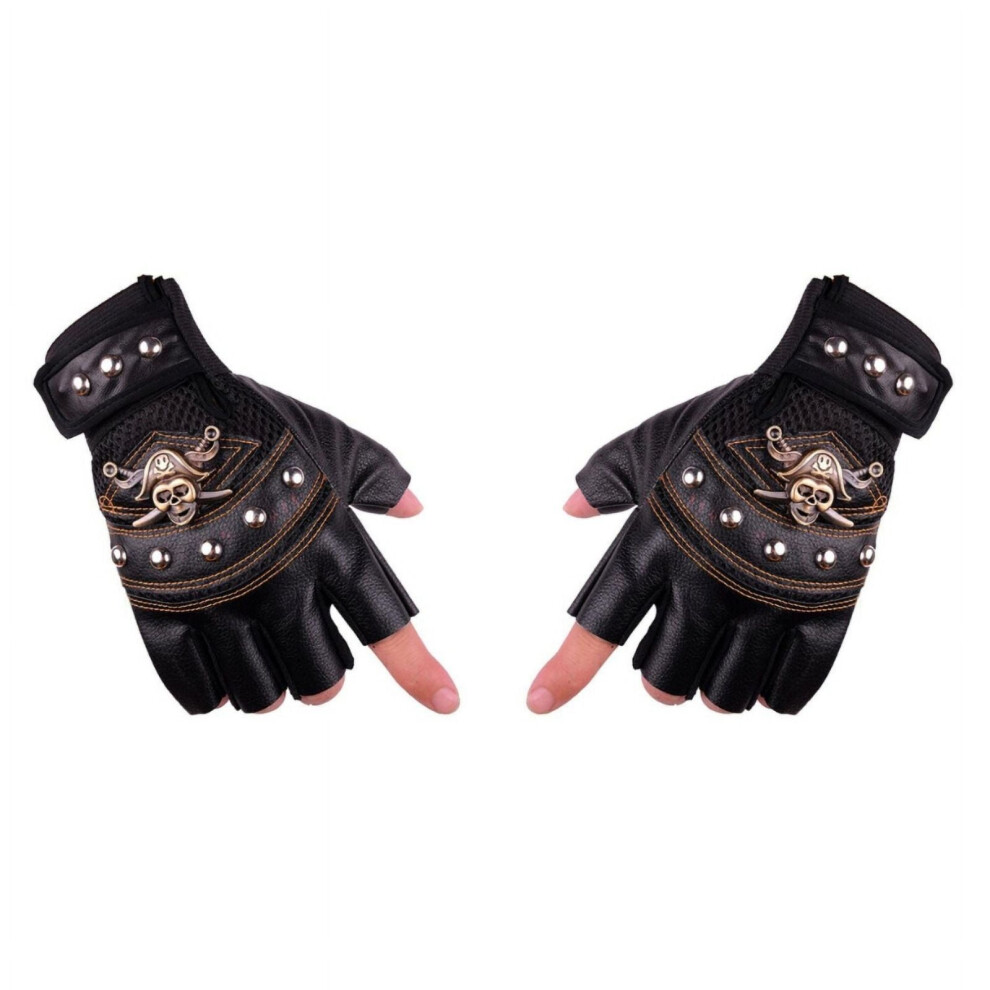 Pu Leather Studded Half-Finger Pu Driving Motorcycle Gloves Pirate Skull 9028731260037