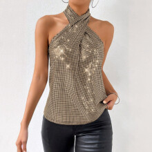 Camisole Nua-Aimseartha Faiseanta le Dath Soladach Seicheamhach do Mhná, Caol-Oiriúnach, Gan Muinchille, Óir L