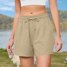 Pantaloncini da corsa da donna in lino, vita elasticizzata, gamba larga, coulisse, comodi pantaloni estivi per il relax – Beige, taglie forti,