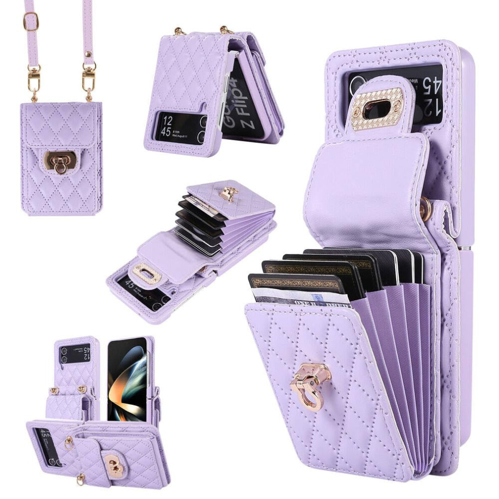 Leather Wallet Case With Card Holder, Kickstand And Crossbody Strap, For Samsung Galaxy Z Flip 5 Purple 9092120191615