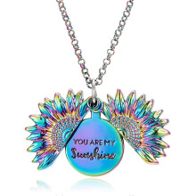 (Color)You are My Sunshine Necklace,Vintage Creative Alloy Necklace, Personalized Openable Sunflower Pendant, Double-Sided